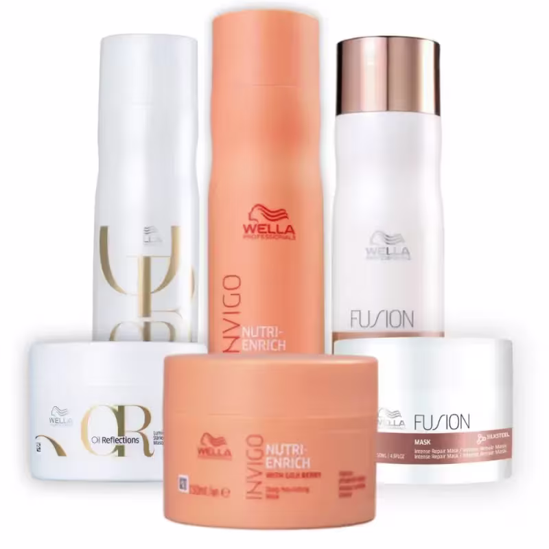 Produtos de cabelo da marca Wella Professionals, incluindo um frasco laranja de Nutri-Enrich, um frasco branco de Fusion e uma caixa branca de Oil Reflections, com embalagens em cores claras e rótulos visíveis.