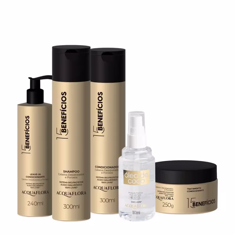 Conjunto de produtos Acquaflora, incluindo shampoo, condicionador, leave-in, óleo de coco e tratamento condicionante em embalagens de plástico e vidro com cores predominantes bege e preto.