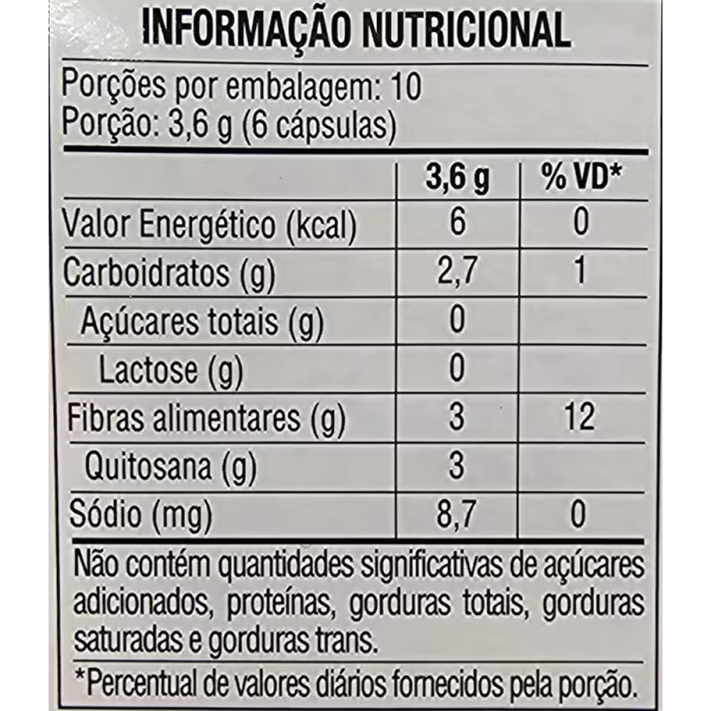 Tabela com informação nutricional do Suplemento Alimentar Lavitan By Redubío Quitosana