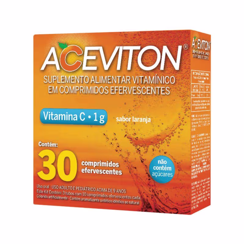 Suplemento Alimentar Aceviton Imunidade Vitamina C 1g Sabor Laranja 30 Comprimidos Efervescentes