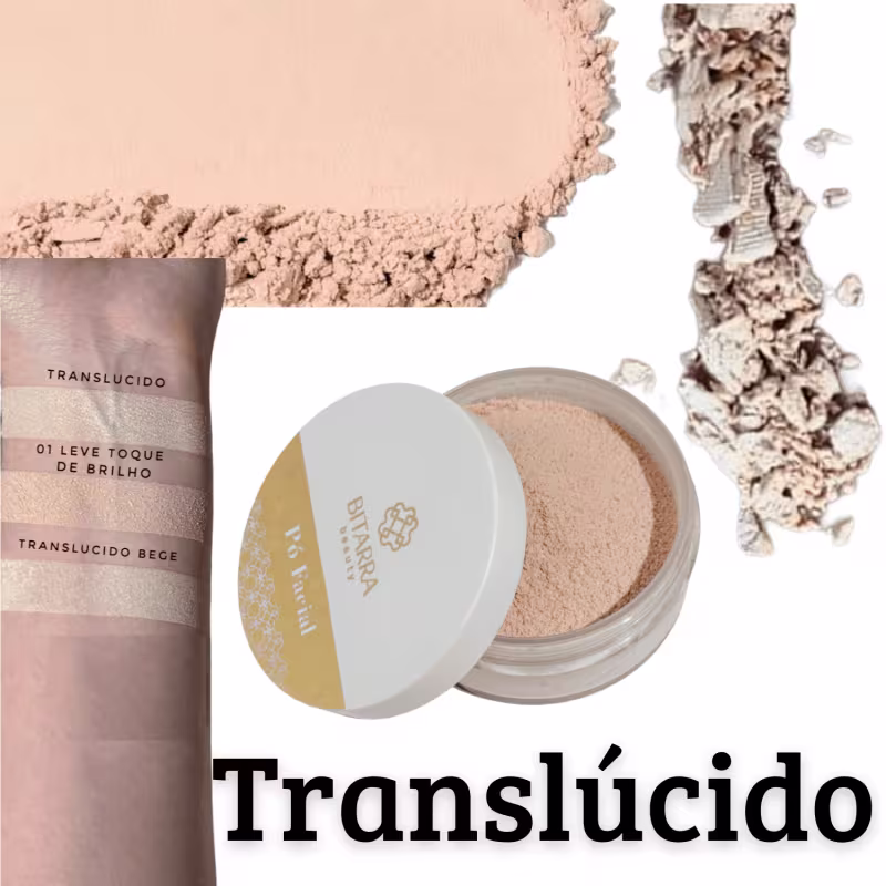 Ambiente de maquiagem com produtos da marca Bitarra Beauty, incluindo pó translúcido em embalagem branca e tubo de base em tons neutros, em um cenário com texturas e cores terrosas predominantes.