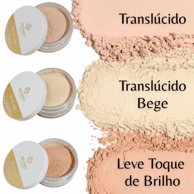 Imagem de produtos de maquiagem da marca Bitarra Beauty, incluindo pós translúcidos em diferentes tons de bege. O cenário apresenta uma superfície com os produtos e seus nomes, indicando um ambiente de apresentação ou demonstração de produtos de beleza.