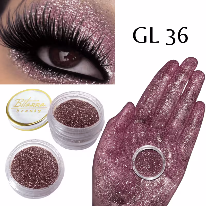 Produto de beleza Bitarra Beauty, contendo um glitter em pó dourado em embalagem plástica transparente. Também é exibida uma imagem de um olho com cílios longos e brilhantes.