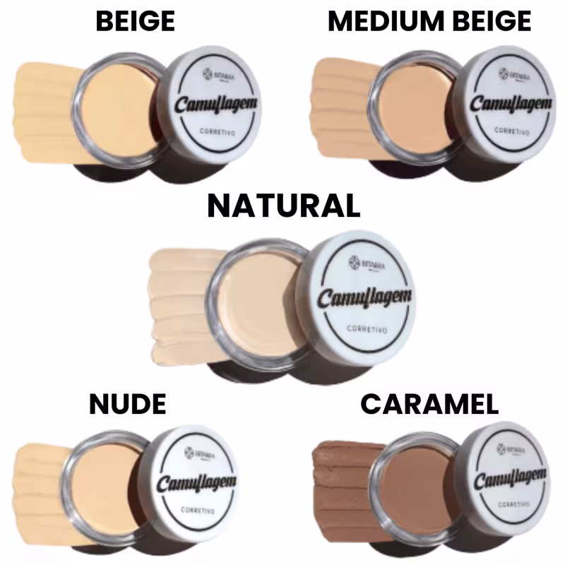 Imagem de diferentes tonalidades do corretivo Camuflagem Bitarra Beauty, apresentando opções de cores Beige, Caramel, Medium Beige, Natural e Nude, indicando uma variedade de tons para diferentes tons de pele.