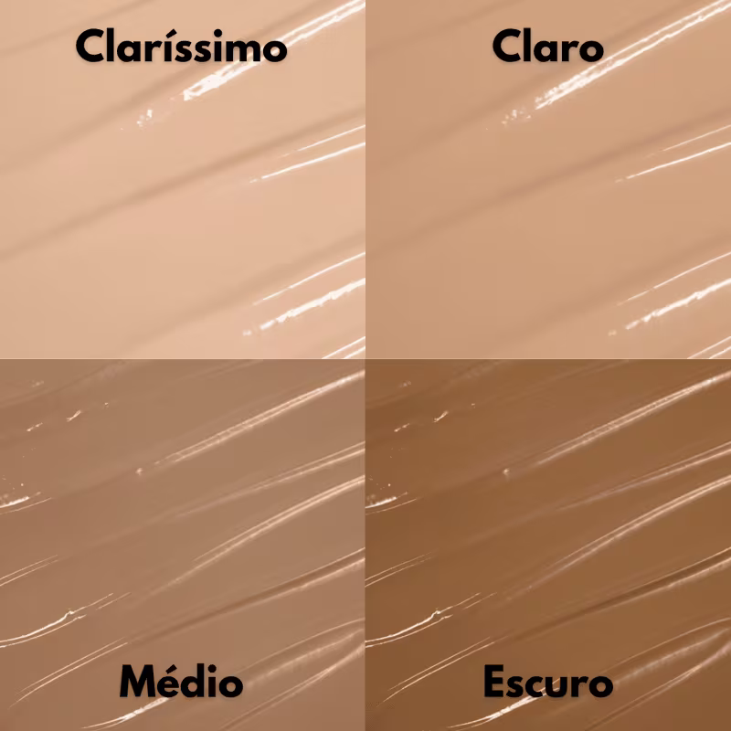 Quatro frascos de produtos de beleza da marca Bitarra Beauty, com os nomes Clarissimo, Claro, Médio e Escuro impressos em cada um. As embalagens apresentam uma superfície bege com linhas brancas, sugerindo uma textura aveludada ou sedosa.