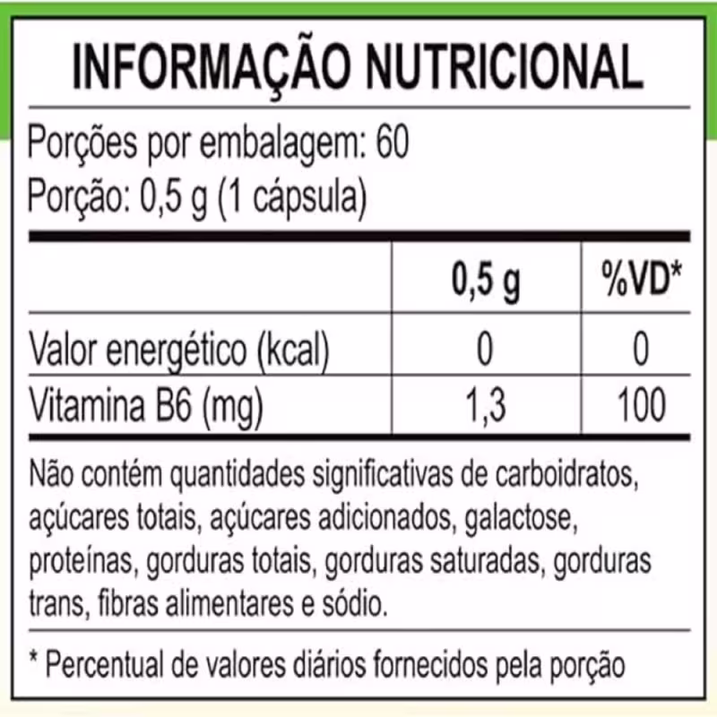 Suplemento Alimentar Vitamina B6 1,3mg Piridoxina Unilife 60 Cápsulas