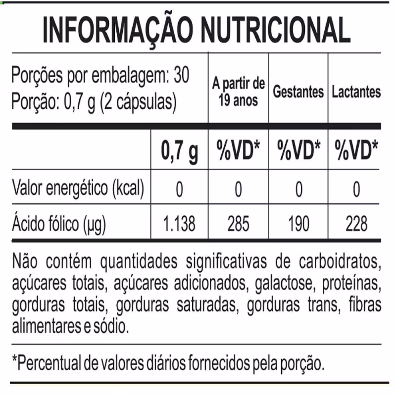 Suplemento Metilfolato Ácido Fólico Vitamina B9 1.138mg Unilife 60 Cápsulas