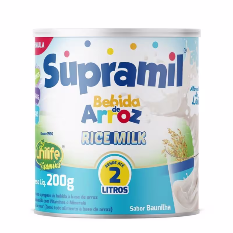 Lata de 200g de bebida de arroz Supramil, com rótulo colorido em azul, branco e amarelo. Destaca o nome da marca "Supramil" e a descrição "Bebida de Arroz" em letras grandes.
