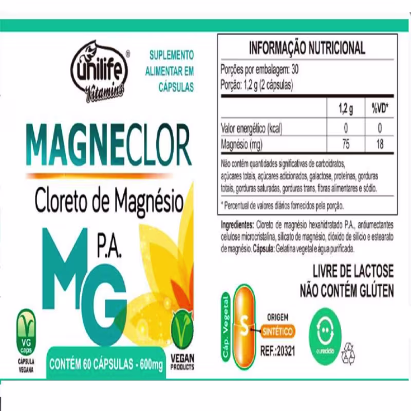 Suplemento Alimentar Magneclor Cloreto de Magnésio P.A. Unilife 60 Cápsulas