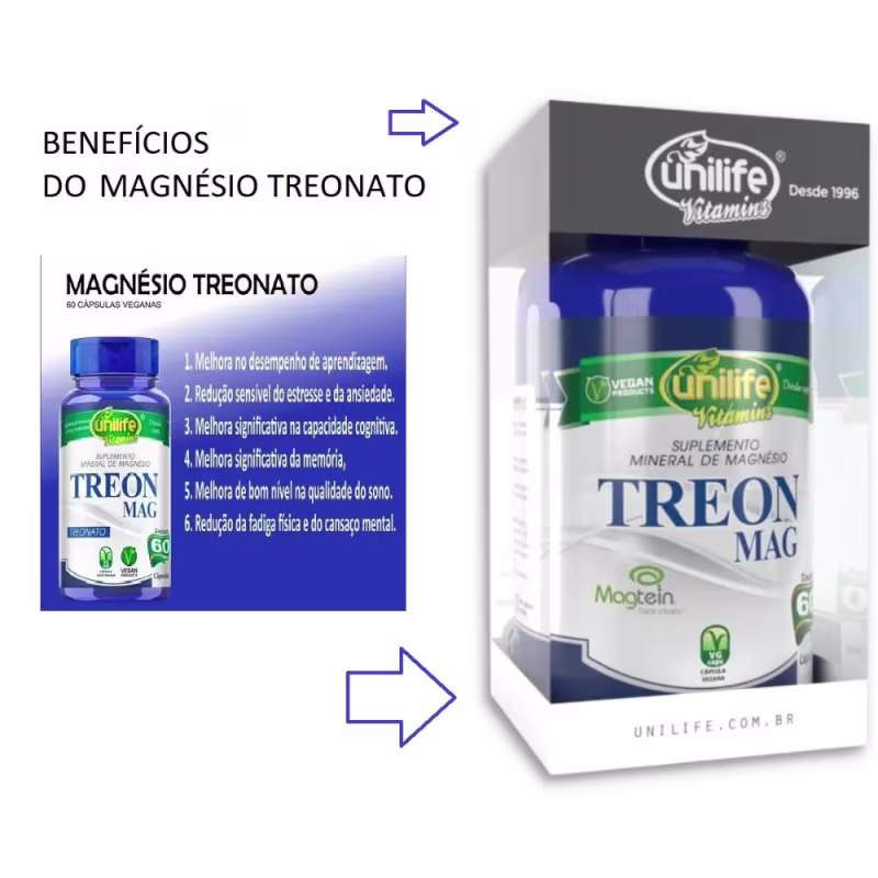 Suplemento Alimentar Treon Mag Magnésio Treonato Unilife 60 Cápsulas