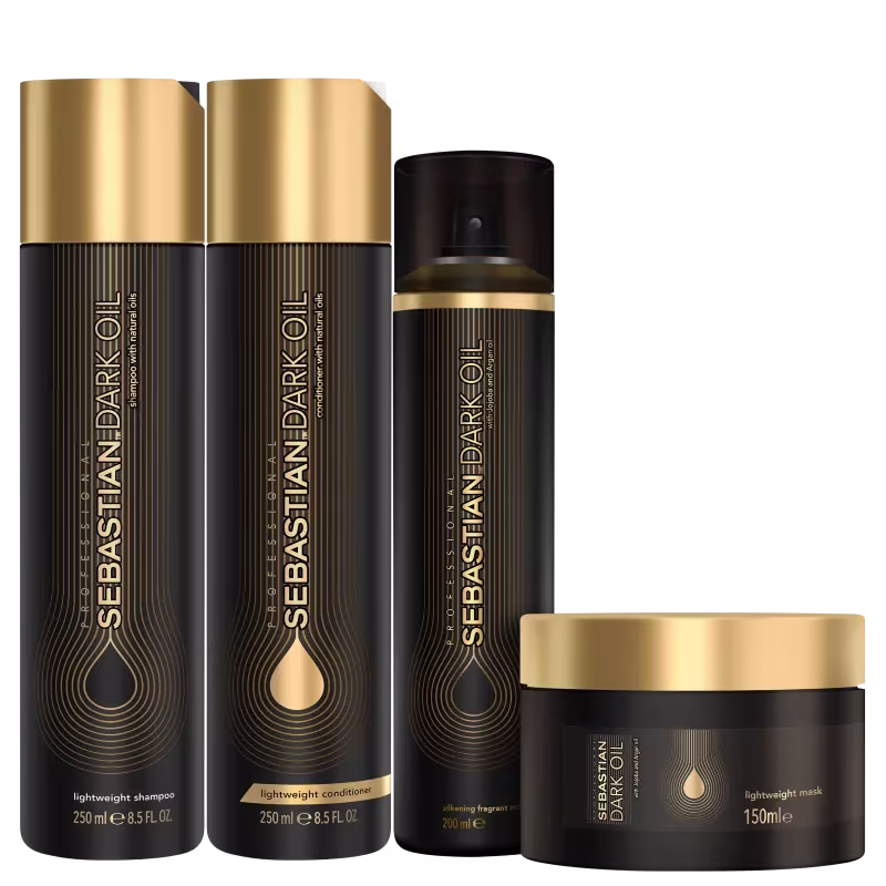 Conjunto de produtos de beleza da marca Sebastian Professional, incluindo shampoo, condicionador e máscara capilar em embalagens pretas e douradas com detalhes em relevo.