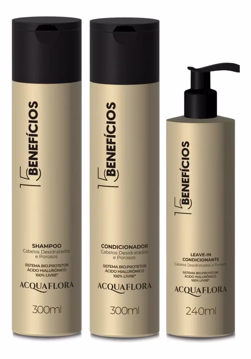 Conjunto de produtos Acquaflora linha 15 Benefícios para cabelos desidratados e porosos, incluindo shampoo, condicionador e leave-in condicionante em embalagens pretas e douradas de 300ml e 240ml.