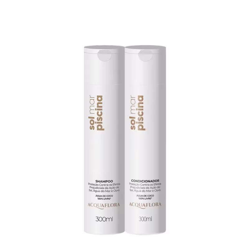 Dois frascos brancos de 300ml da linha Acquaflora, contendo shampoo e condicionador com proteção contra os efeitos da água do mar e do cloro, com rótulos em branco e dourado.