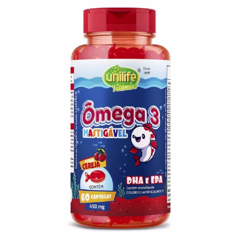 Suplemento Alimentar Infantíl Ômega 3 Mastigável Sabor Cereja Unilife 60 Cápsulas