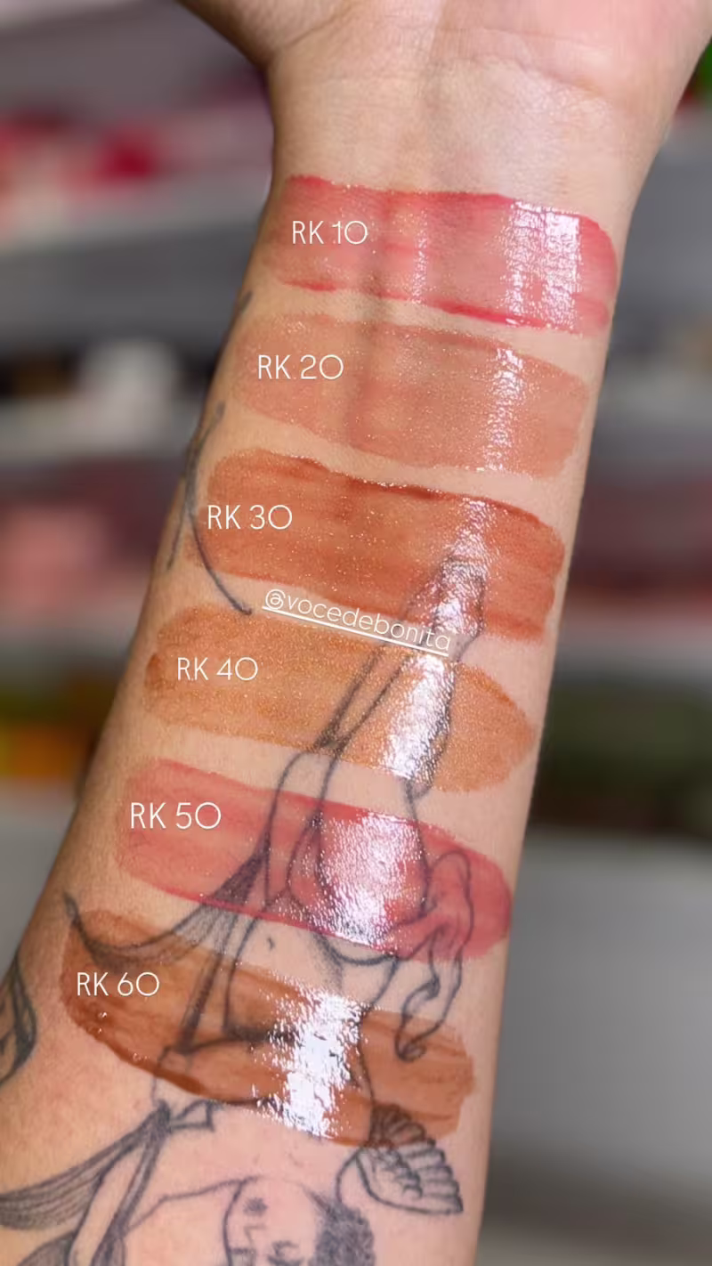 Amostra das seis cores do gloss labial Ruby Kiss Radiant Kiss