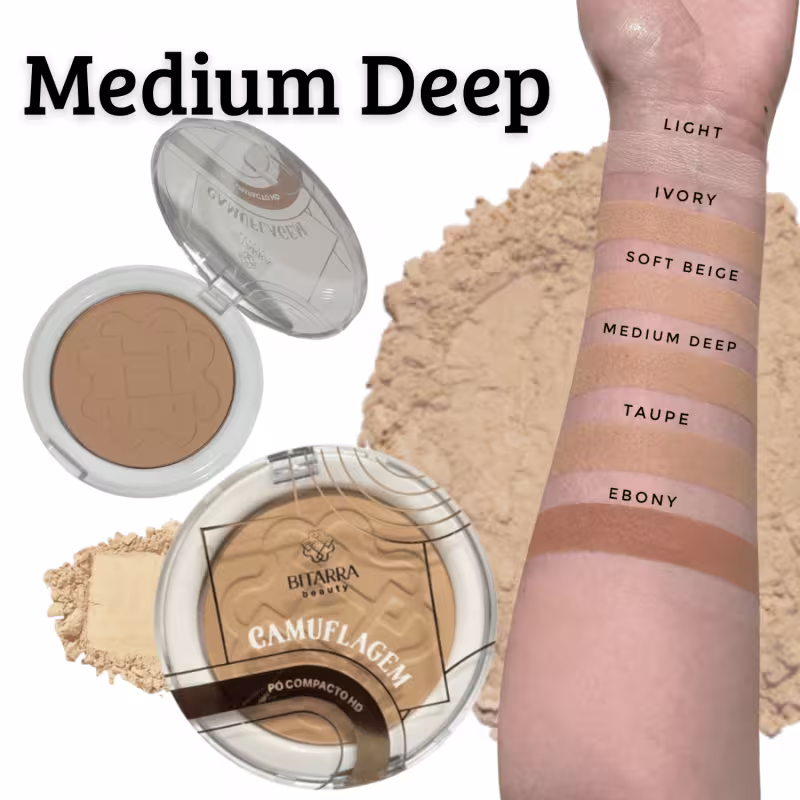 Pó compacto da marca Bitarra Beauty e amostra de cores do pó no antebraço, exibidos em uma imagem com fundo branco e texto "Medium Deep" destacado.