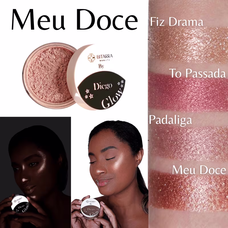 Pó Iluminador Bitarra Beauty com embalagem preta e branca. Amostra das cores do blush: "Fiz Drama", "To Passada", "Padaliga" e "Meu Doce".