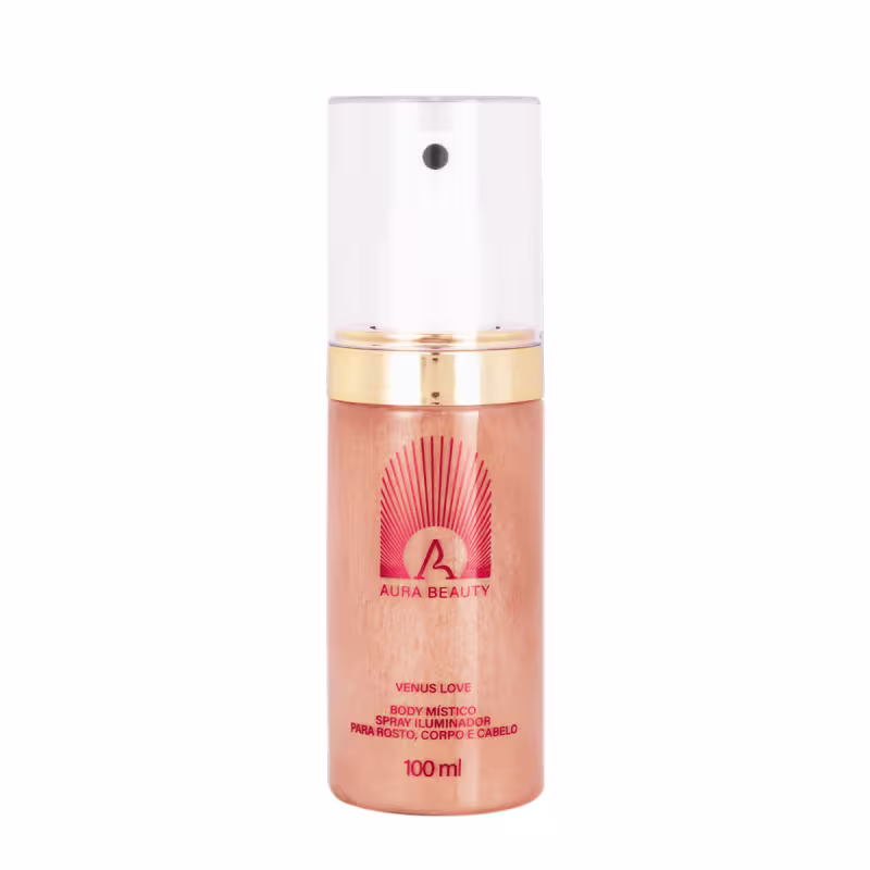 Frasco de spray corporal Aura Beauty Venus Love, com embalagem de vidro transparente e detalhes em dourado e laranja, contendo 100ml do produto.