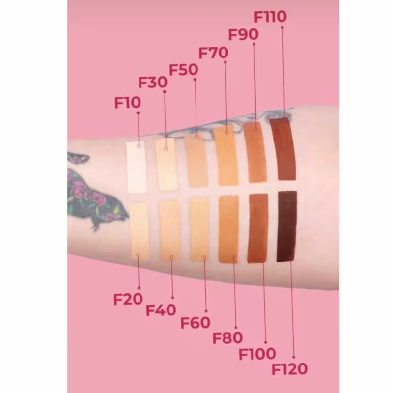 A imagem mostra os 12 tons da Base Ruby Rose Soft Blend