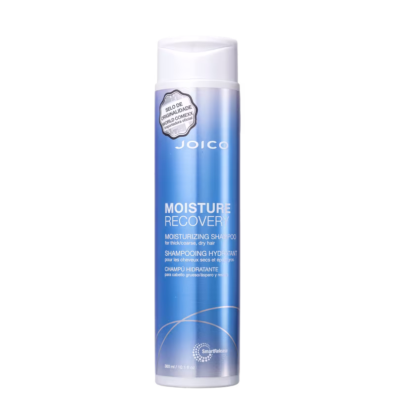 Frasco branco e azul da linha Moisture Recovery da Joico, um shampoo hidratante de 300ml.