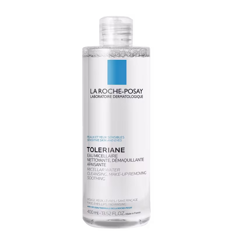 Frasco de 400 ml da linha Toleriane da La Roche-Posay, contendo água micelar para limpeza e remoção de maquiagem, com rótulo branco e azul.