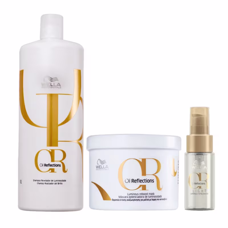 Produtos de tratamento capilar da linha Oil Reflections da Wella Professionals. Inclui um shampoo, uma máscara e um óleo capilar.