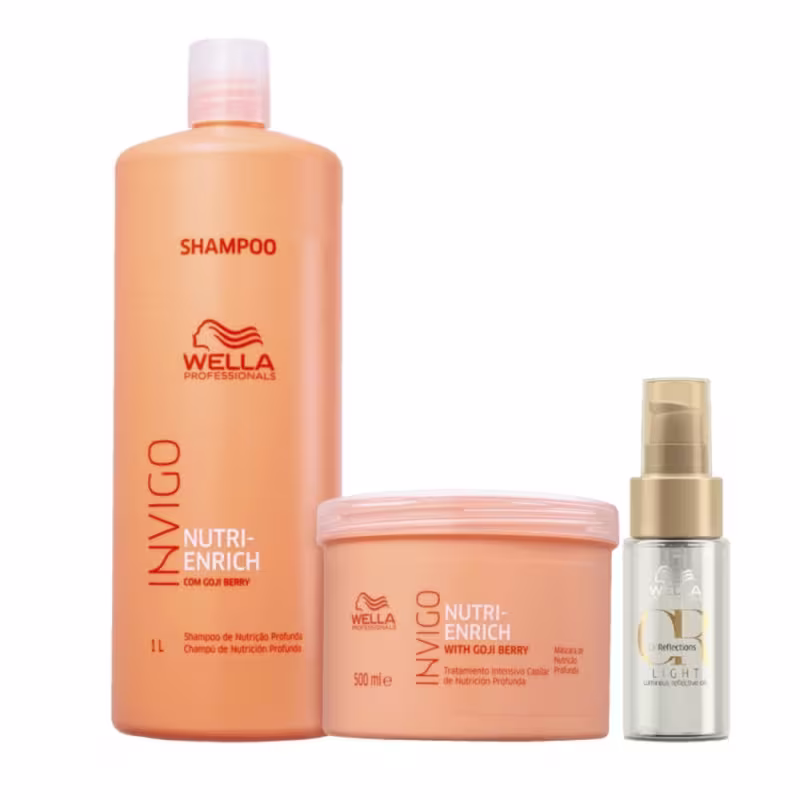Conjunto de produtos Wella Professionals Invigo Nutri-Enrich, incluindo shampoo de 1L, máscara de 500ml e óleo capilar de 30ml, com embalagens em tons de laranja e branco.