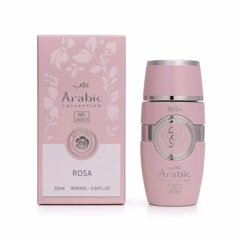 Frasco de perfume da coleção árabe da marca Lattafa, com embalagem rosa claro e detalhes prateados. O rótulo indica o nome "ROSA" e o código "NO A002". O produto contém 25ml.