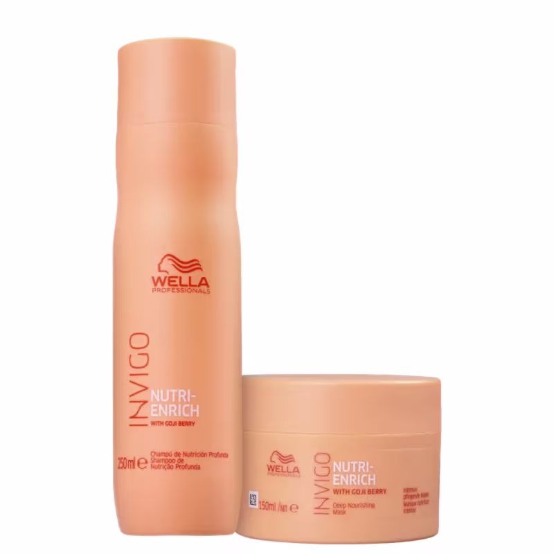 Dois produtos da linha Nutri-Enrich da Wella Professionals: um frasco de shampoo de 250ml e um pote de máscara de 150ml, ambos com embalagem laranja e detalhes em vermelho.