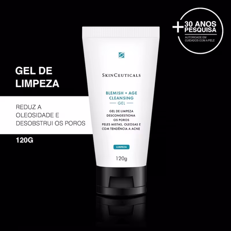 Gel de limpeza Blemish + Age Cleansing da SkinCeuticals. Reduz a oleosidade e desobstrui os poros, indicado para peles mistas, oleosas e com tendência à acne. Tamanho de 120g.