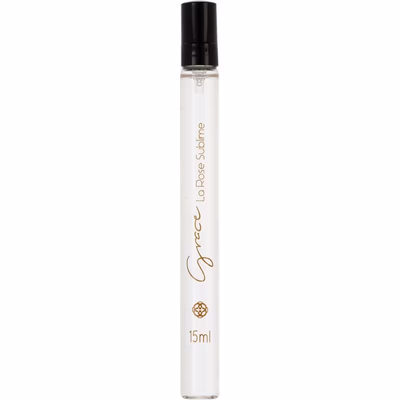 Frasco de perfume da marca Hinode, com 15ml de volume, embalagem transparente com rótulo em branco e dourado, contendo o nome "Gisele La Rose Sublime".