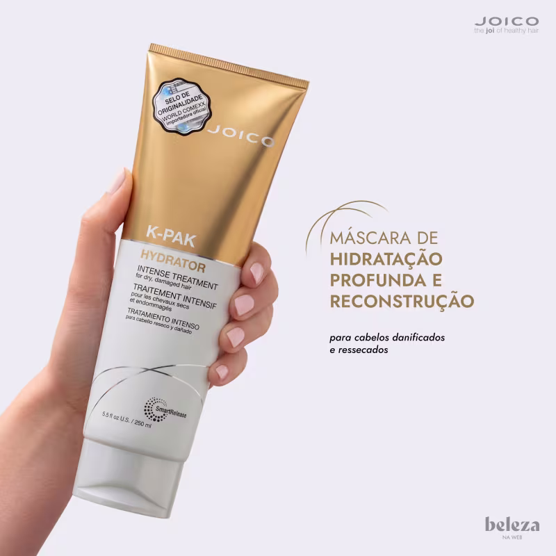 Embalagem dourada e branca de máscara de hidratação profunda e reconstrução da marca Joico, com texto "Máscara de hidratação profunda e reconstrução para cabelos danificados e ressecados".
