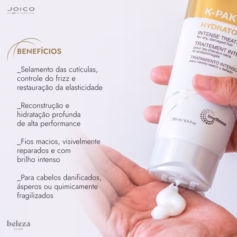 Embalagem branca e dourada de produto para cabelos da marca Joico, com texto indicando os benefícios do produto.