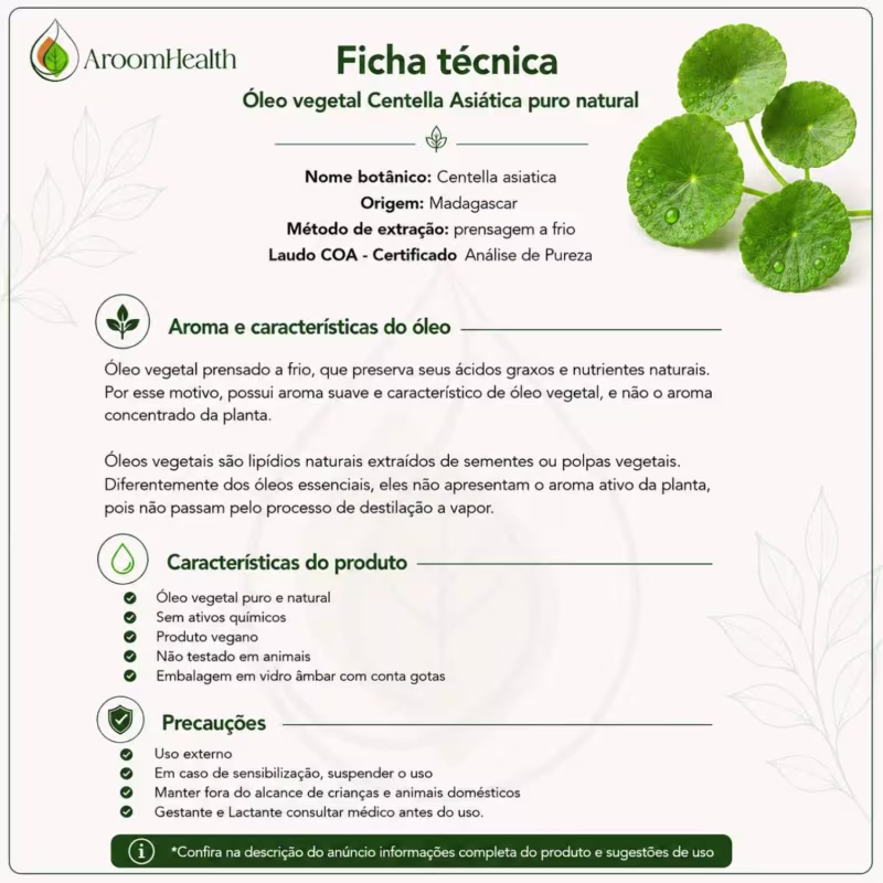 Óleo Vegetal Puro Natural Prensado a Frio de Centella Asiática 100ml
