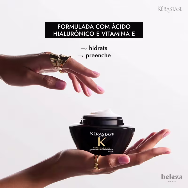 Embalagem preta da marca Kérastase com texto "Formulada com ácido hialurônico e vitamina E" e "hidrata" e "preenche".