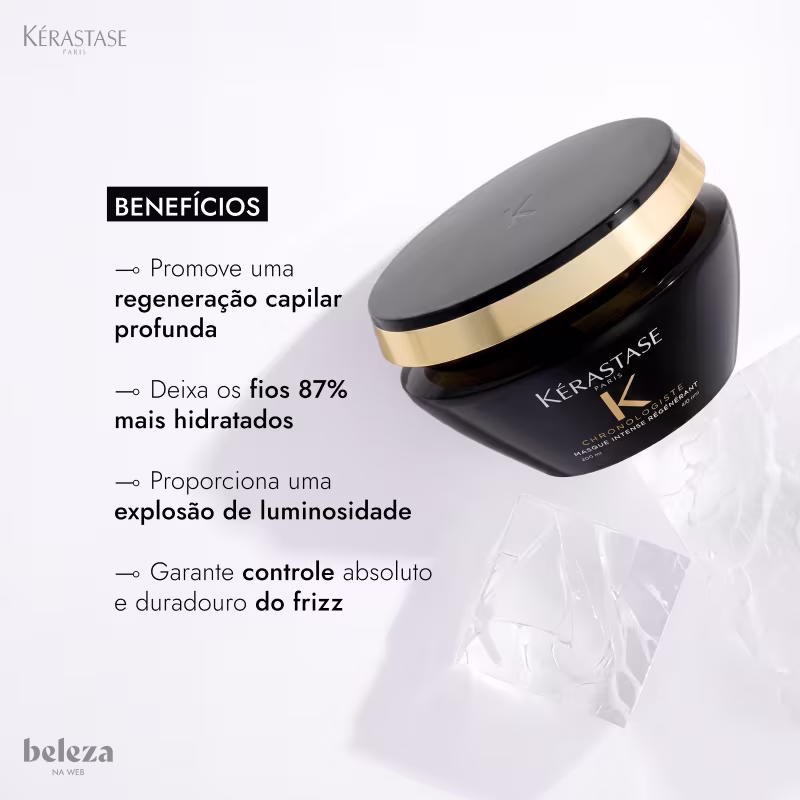 Embalagem preta e dourada da marca Kérastase, com texto "Benefícios" listando vantagens como regeneração capilar profunda, fios mais hidratados, luminosidade e controle do frizz.