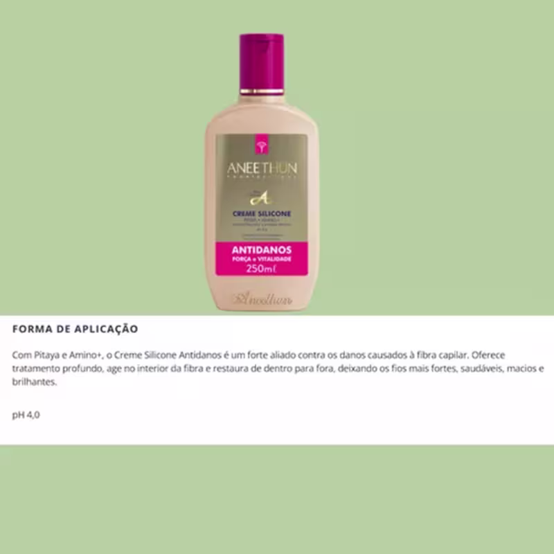 A imagem mostra o frasco e abaixo texto descreve seus benefícios para o cabelo.