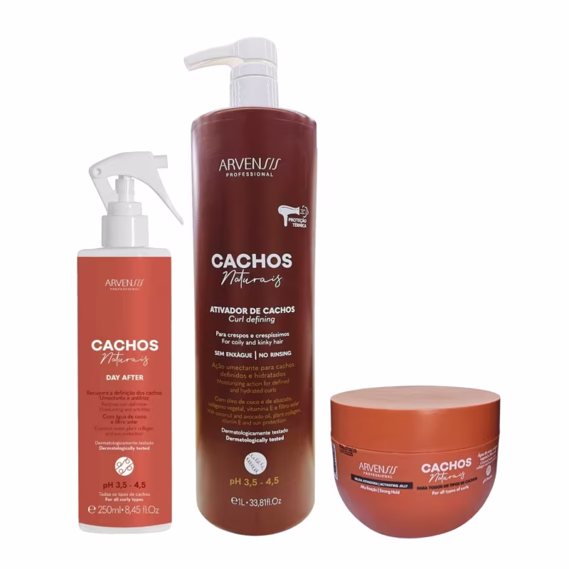 Kit Arvensis Professional Cachos Naturais - Ativador De Cachos Crespos 1L + Geleia Ativadora 250g + Day After 250ml