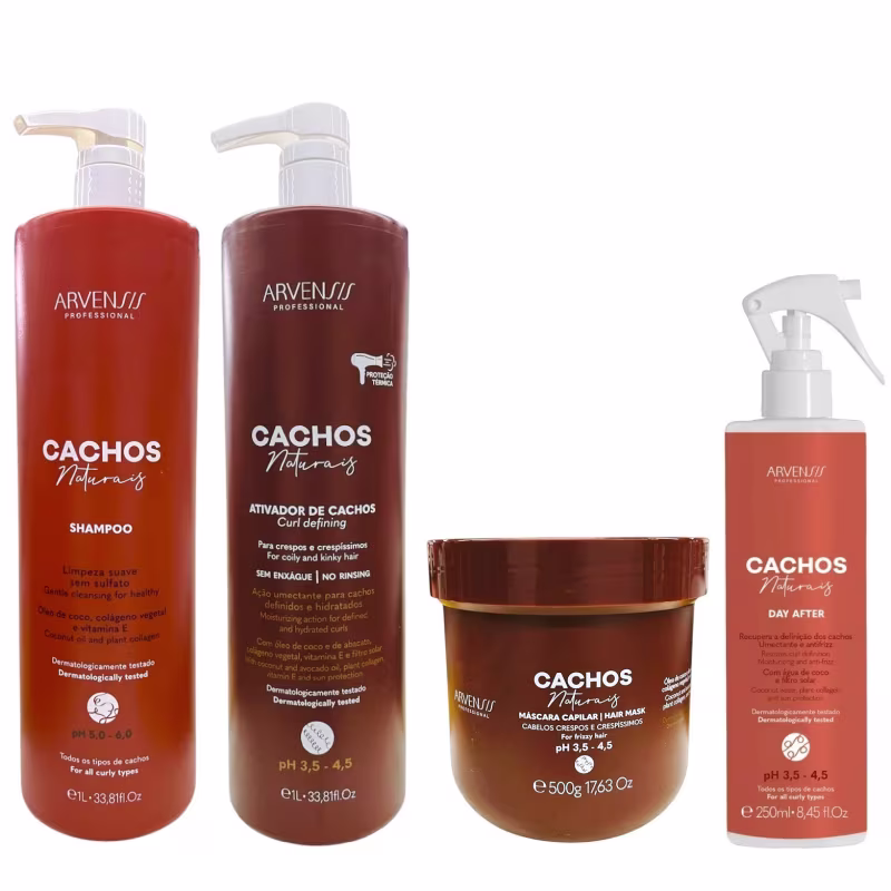 Kit Arvensis Professional Cachos Naturais - Shampoo 1L + Ativador De Cachos Crespos 1L + Máscara Crespos 500g + Day After 250ml