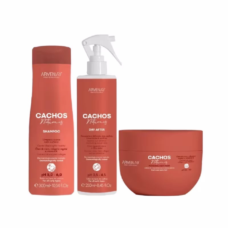 Kit Arvensis Professional Cachos Naturais - Shampoo 300ml + Day After 250ml + Máscara 250g