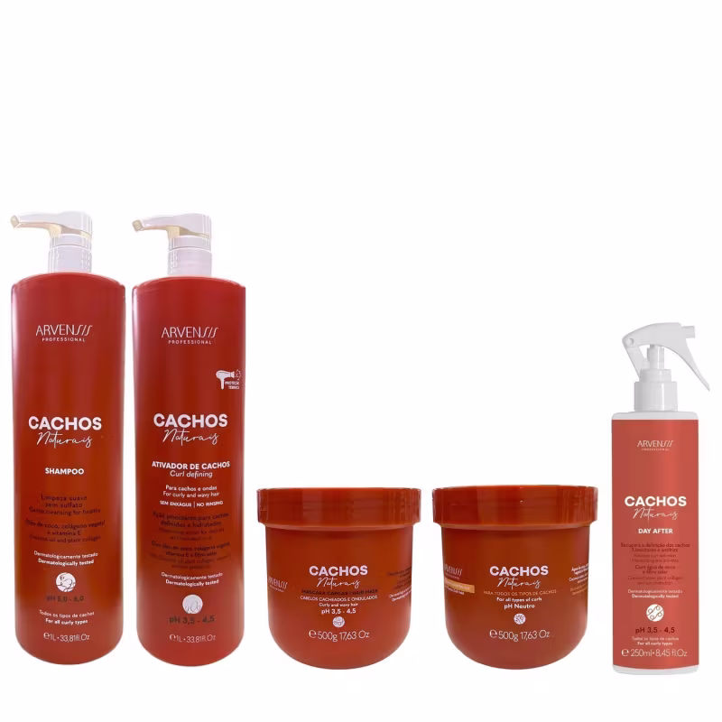 Kit Arvensis Professional Cachos Naturais - Shampoo 1L + Ativador De Cachos 1L + Máscara 500g + Geleia 500g + Day After 250ml