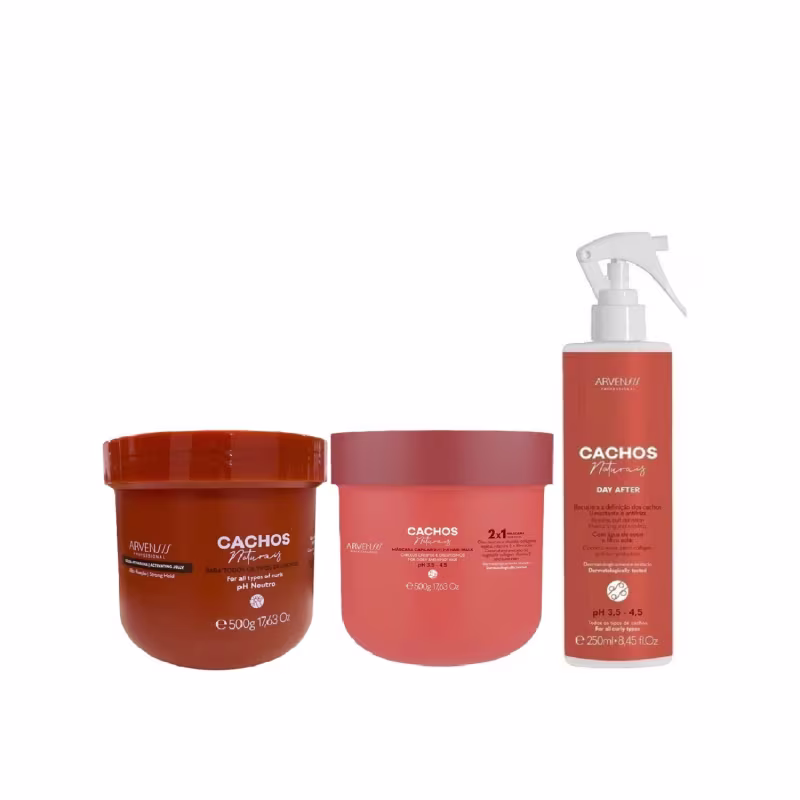 Kit Arvensis Cachos Naturais - Geleia Ativadora Forte 500g + Máscara 2x1 500g + Day After 250ml