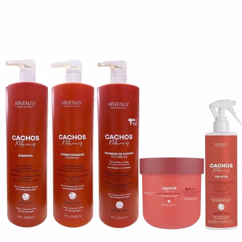 Kit Arvensis Cachos Naturais - Shampoo 1L + Condicionador 1L + Ativador de Cachos 1L  + Day After 250ml + Máscara 2x1 500g