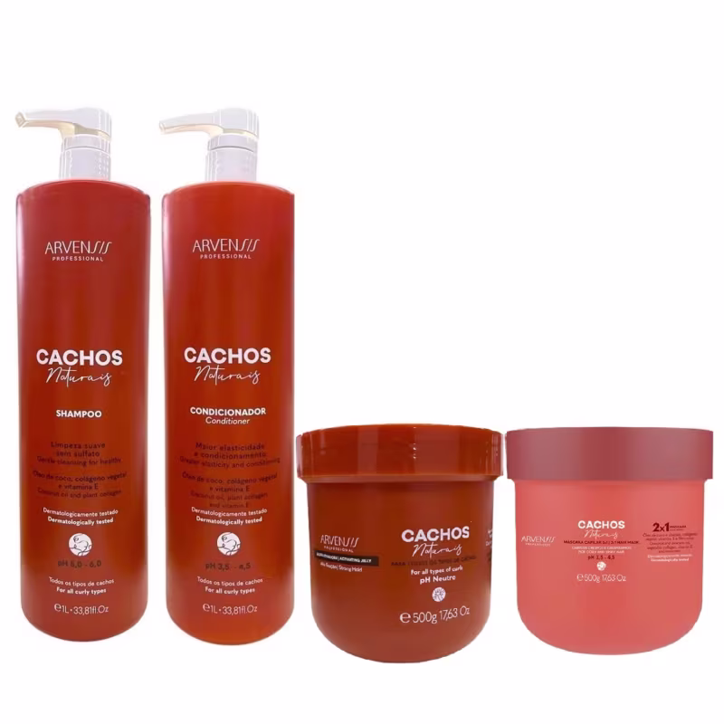 Kit Arvensis Cachos Naturais - Shampoo 1L + Condicionador 1L + Geleia Ativadora Forte 500g + Máscara 2x1 500g