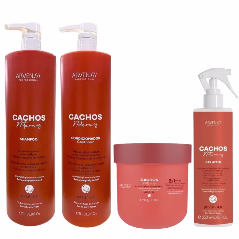 Kit Arvensis Cachos Naturais - Shampoo 1L + Condicionador 1L + Máscara 2x1 500g + Day After 250ml