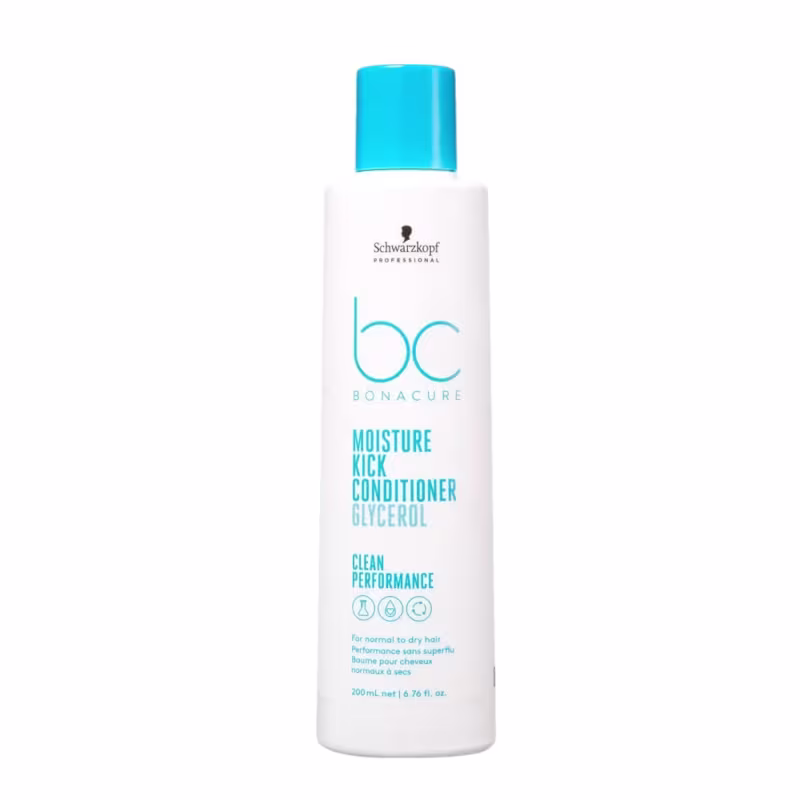 Frasco branco com tampa azul da linha Bonacure da Schwarzkopf Professional, contendo condicionador de cabelos com glicerol para desempenho limpo.