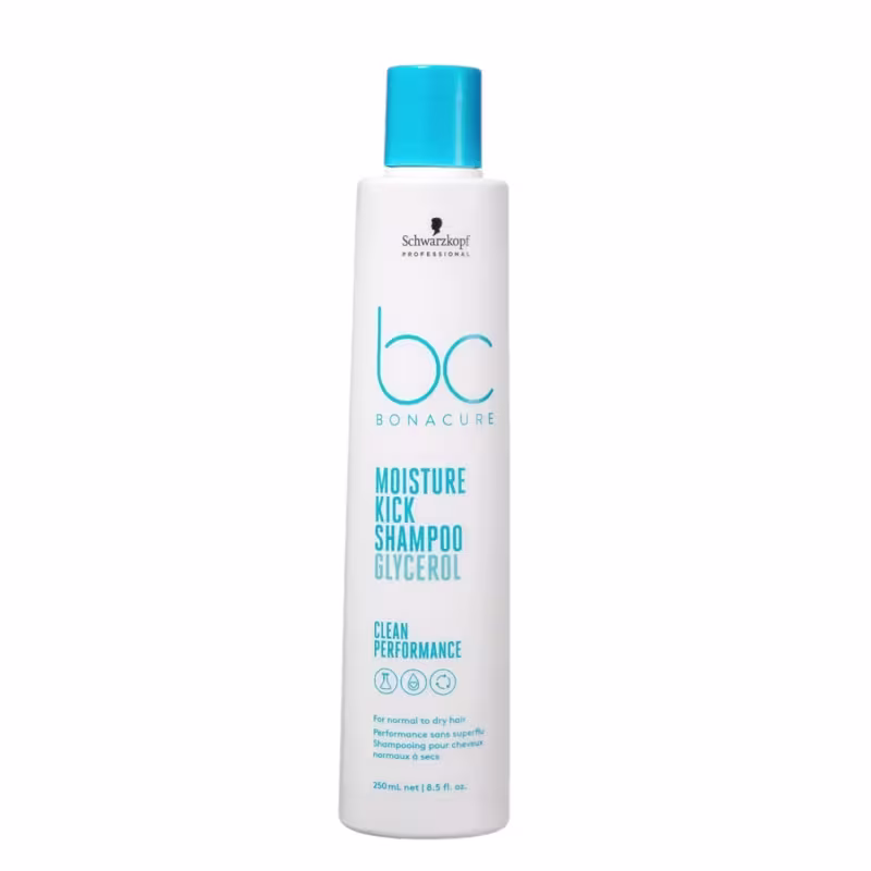 Frasco branco com tampa azul da linha Bonacure da Schwarzkopf Professional, contendo shampoo de glicerol para cabelos normais a secos, com informações de desempenho limpo impressas no rótulo.