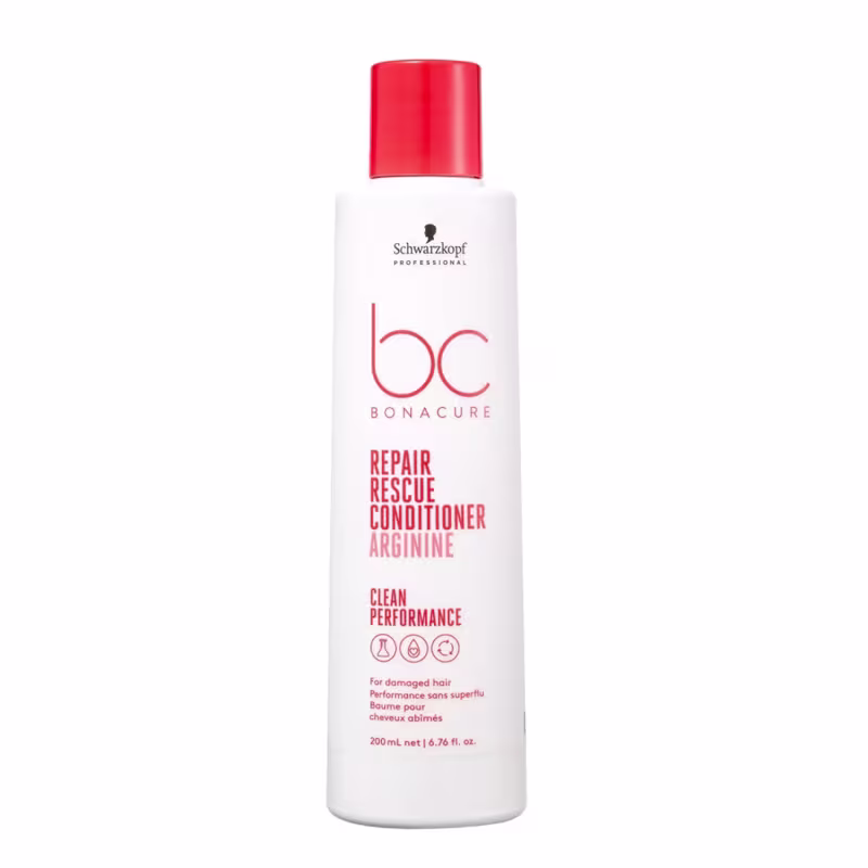Frasco branco e vermelho da linha Bonacure da Schwarzkopf Professional, contendo condicionador de resgate para cabelos danificados, com 200 ml de capacidade.
