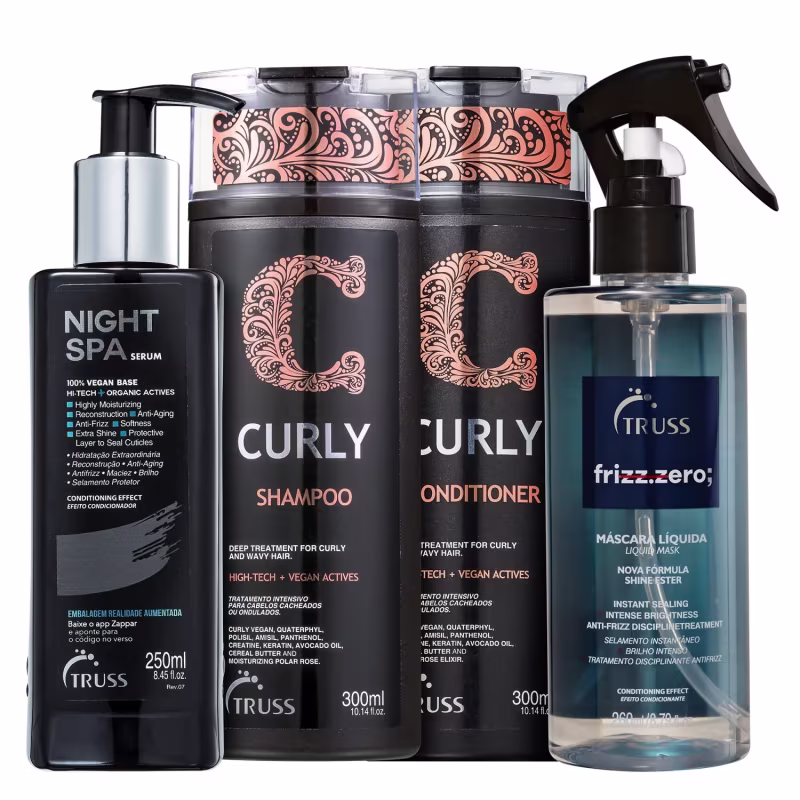Kit TRUSS Curly + Night SPA + Frizz Zero, 4 produtos.