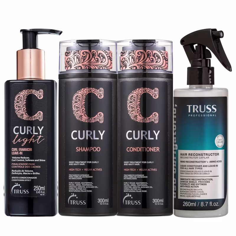 Kit Truss Curly - Shampoo 300ml + Condicionador 300ml + Leave-In Light 250ml + Uso Obrigatório 260ml